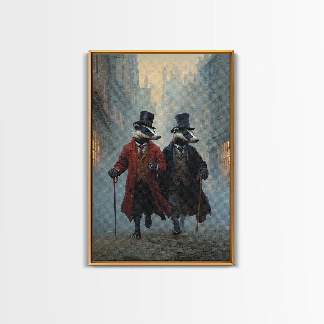 Dapper Badger Gentlemen Walking In Foggy City Canvas Print, Whimsical Animal Wall Art For Nursery Room And Eclectic Decor