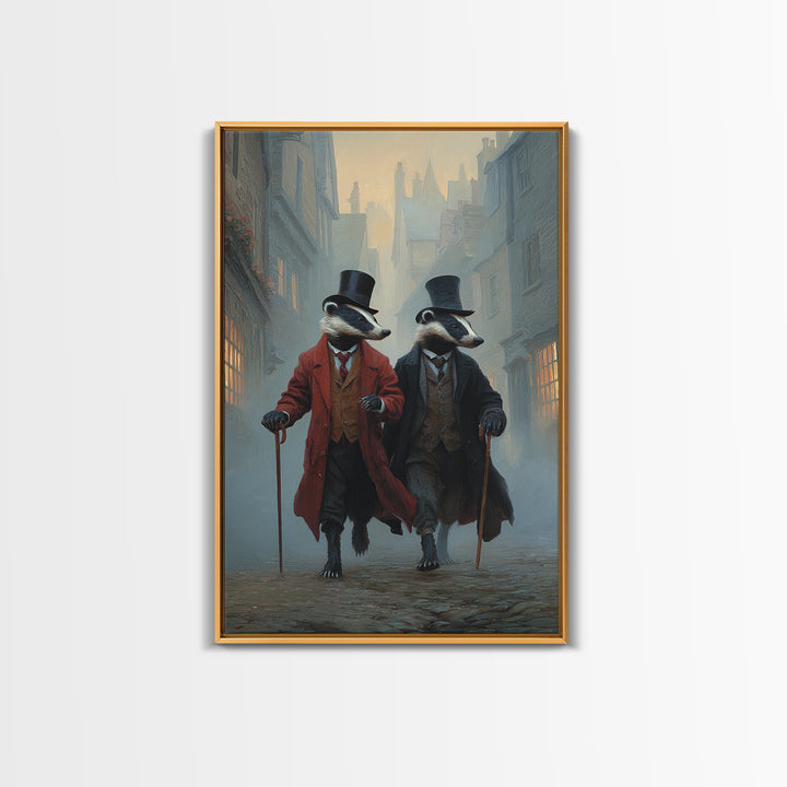 Dapper Badger Gentlemen Walking In Foggy City Canvas Print, Whimsical Animal Wall Art For Nursery Room And Eclectic Decor