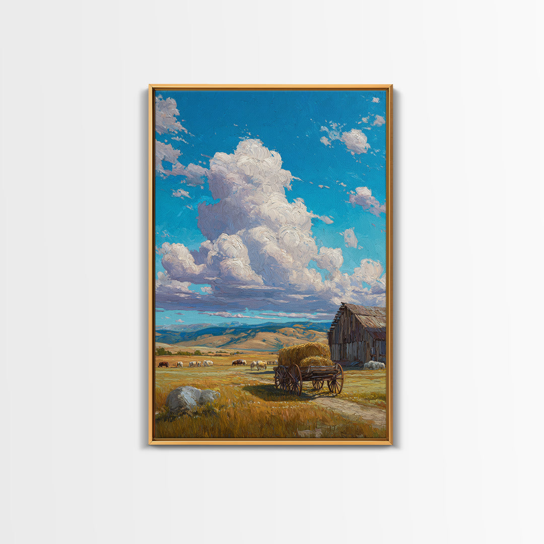Rustic Country Farm Scene With Barn Cart And Livestock Large Wall Art Framed Canvas Print For Farmhouse Home Decor And Living Room