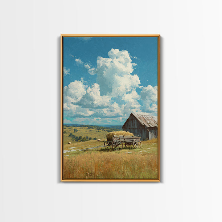 Bright Sunlit Barn And Field Landscape Painting Wall Art Canvas Print For Cozy Farmhouse Rustic Decor