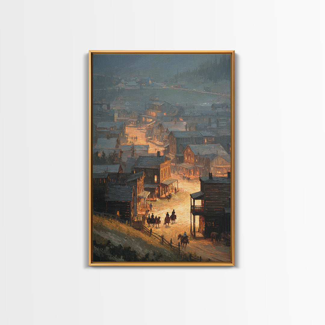 Old Western Town At Dusk Oil Painting Framed Canvas Print Large Wall Art For Rustic Home Decor And Living Room Wall Art