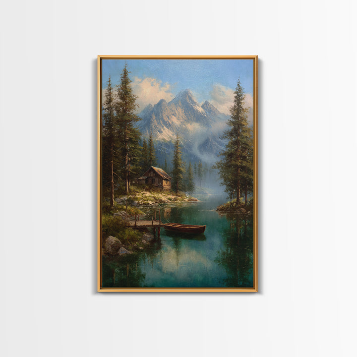 Tranquil Mountain Lake Cabin Scene Oil Painting Landscape Wall Art Canvas Print Rustic Home Decor Nature Lover Gift