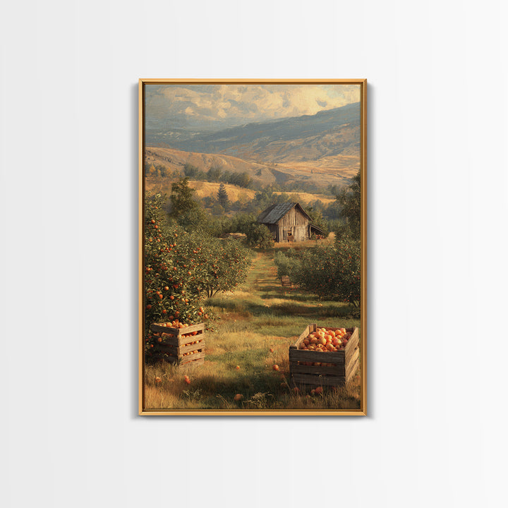 Classic Rustic Orchard Landscape Painting Framed Canvas Print For Farmhouse Decor And Country Home Wall Art