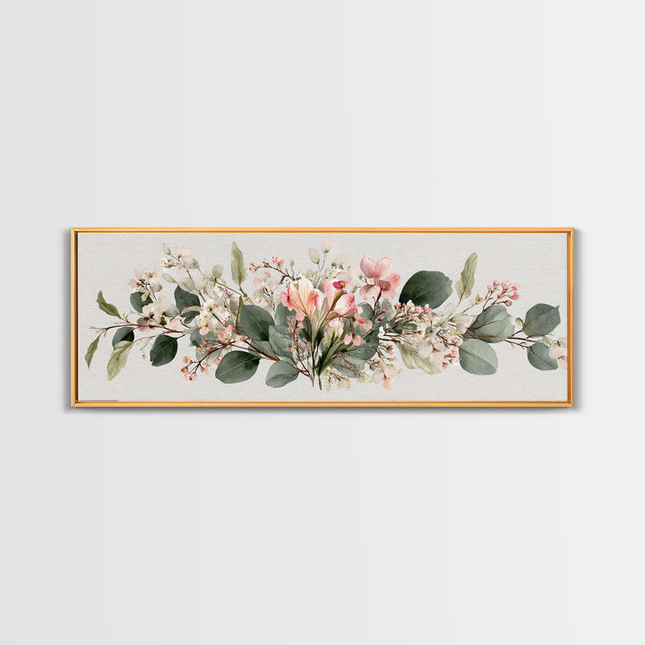 Soft Eucalyptus And Blush Magnolia Garland Wall Art, Panoramic Botanical Print, Neutral Floral Decor, Above Bed Canvas Print