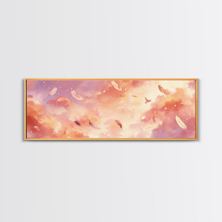 Pink Feather Cloud Sky Wall Art, Dreamy Celestial Canvas Print, Pastel Nursery Decor, Whimsical Bedroom Wall Decor, And Above Bed Art