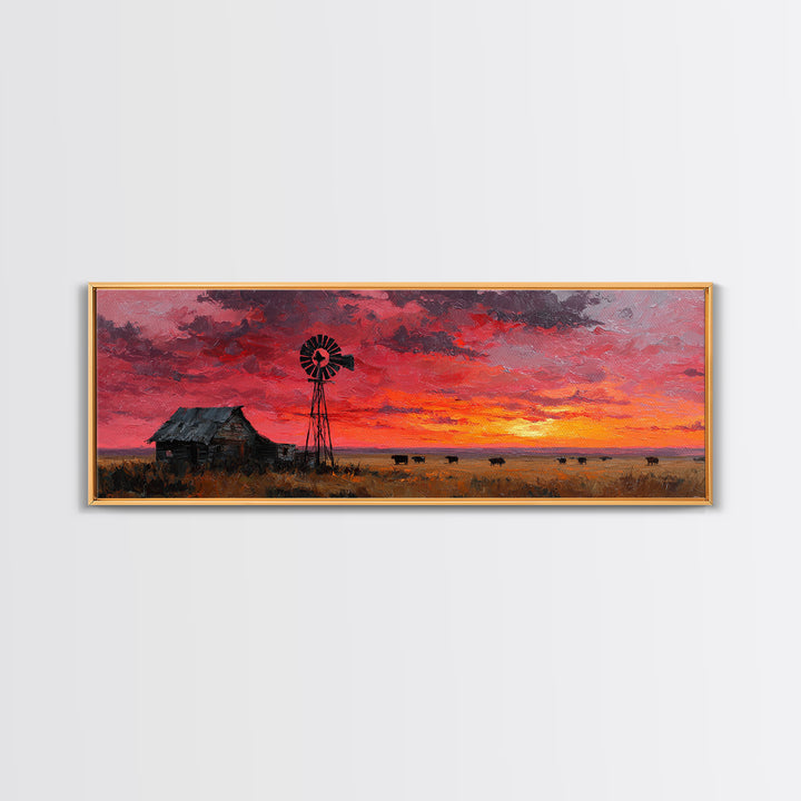 Rustic Windmill Homestead Sunset Wall Art, Western Landscape Canvas Print For Farmhouse Decor, Country Living Room Art Gift