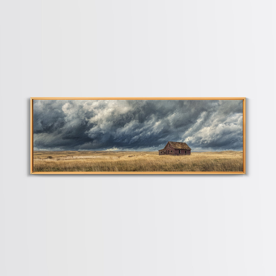 Abandoned Farmhouse Under Storm Clouds Wall Art, Moody Prairie Landscape Canvas, Rustic Country Decor For Living Room, Large Print
