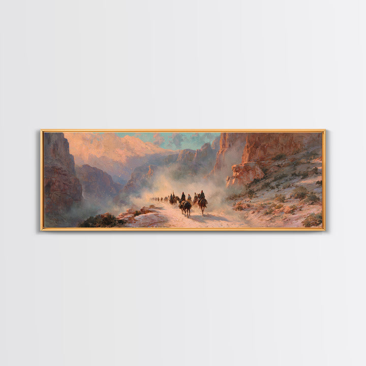 Western Riders In Sunlit Canyon Wall Art, Cowboy Landscape Painting, Southwestern Decor, Rustic Canvas Print For Living Room