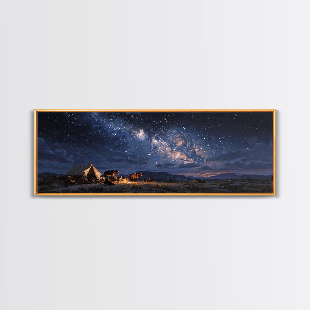 Starry Night Desert Camp With Horses Wall Art, Milky Way Western Landscape Canvas Print, Rustic Cowboy Decor For Living Room