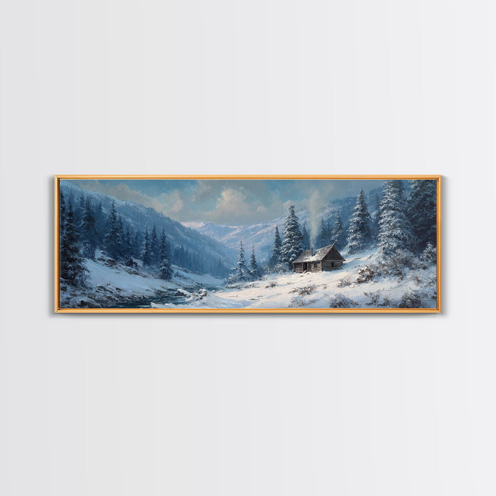 Snowy Mountain Cabin In Pine Forest, Winter Wall Art, Landscape Canvas Print, Rustic Lodge Decor, Cozy Cabin Decor, Nature Wall Art