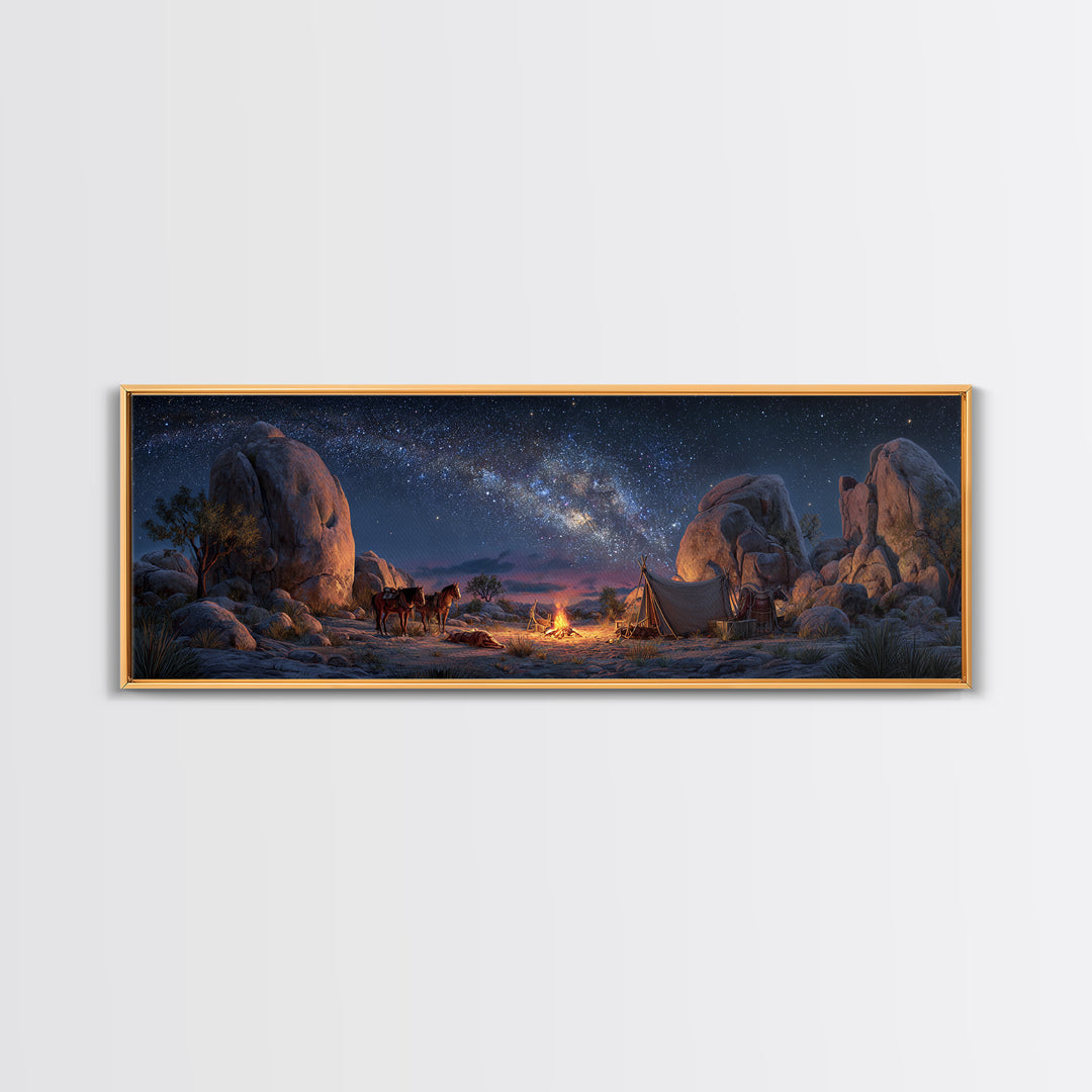 Milky Way Desert Camp With Wagon Framed Canvas Print, Western Night Sky Wall Art, Rustic Cabin Decor And Housewarming Gift For Him