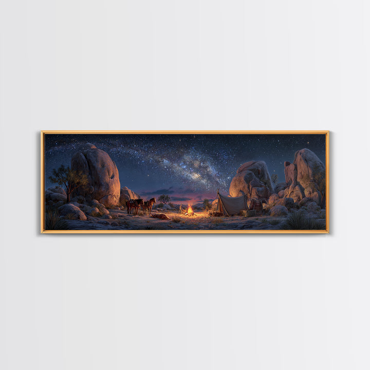 Milky Way Desert Camp With Wagon Framed Canvas Print, Western Night Sky Wall Art, Rustic Cabin Decor And Housewarming Gift For Him
