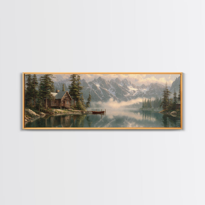 Misty Alpine Cabin Lake Wall Art, Mountain Landscape Canvas, Rustic Nature Decor, Large Horizontal Living Room Print, Housewarming Gift
