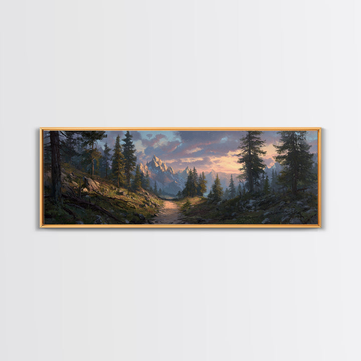 Misty Mountain Forest Trail Canvas Print, Panoramic Landscape Wall Art, Rustic Cabin Decor, Nature Print, Living Room Art