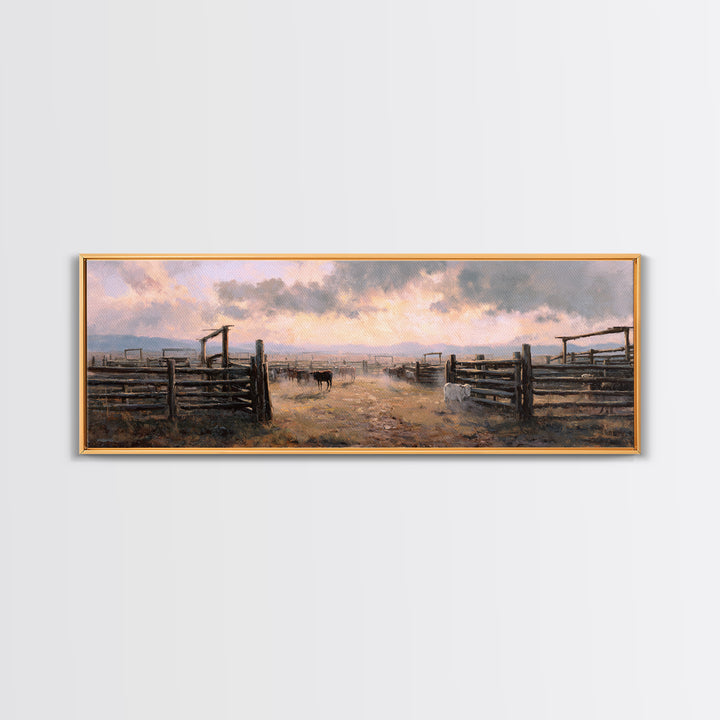 Rustic Cattle Corral At Sunset Wall Art, Western Ranch Canvas Print, Farmhouse Country Decor, Moody Landscape Gift For Him