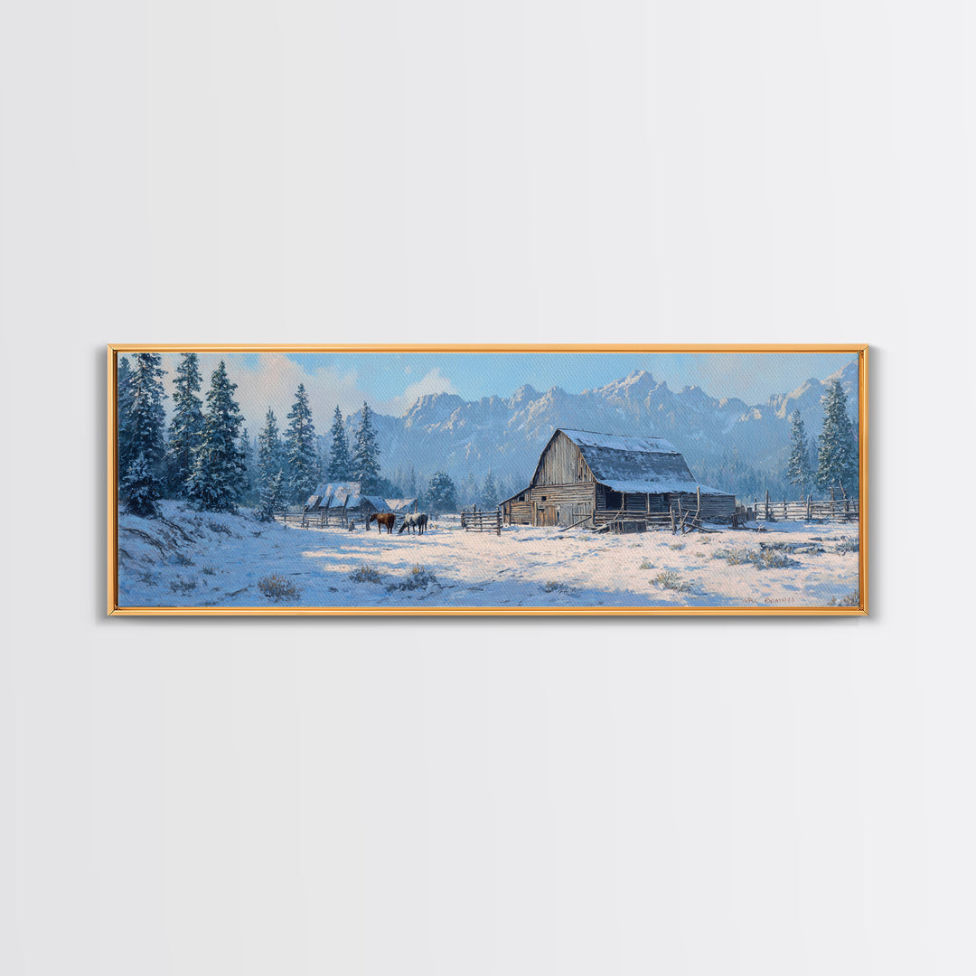 Snowy Mountain Barn Framed Canvas Print, Rustic Farmhouse Wall Art, Winter Landscape Decor, Cabin Living Room Wall Art Print