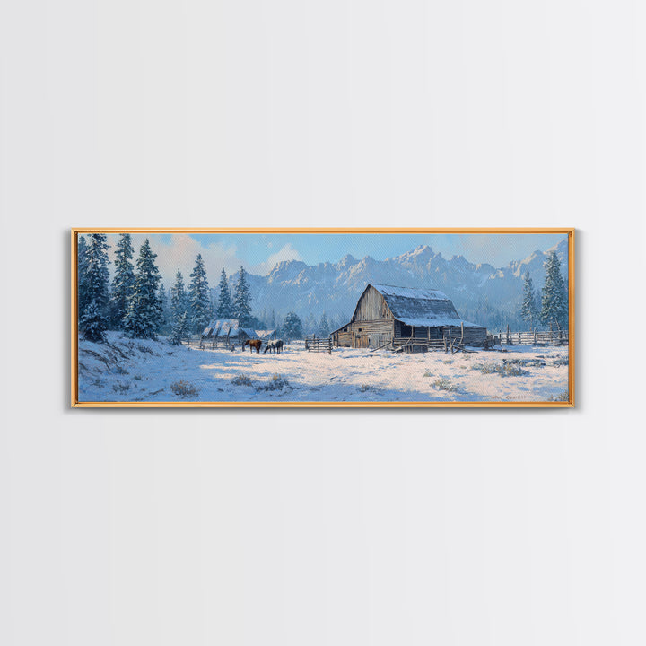 Snowy Mountain Barn Framed Canvas Print, Rustic Farmhouse Wall Art, Winter Landscape Decor, Cabin Living Room Wall Art Print
