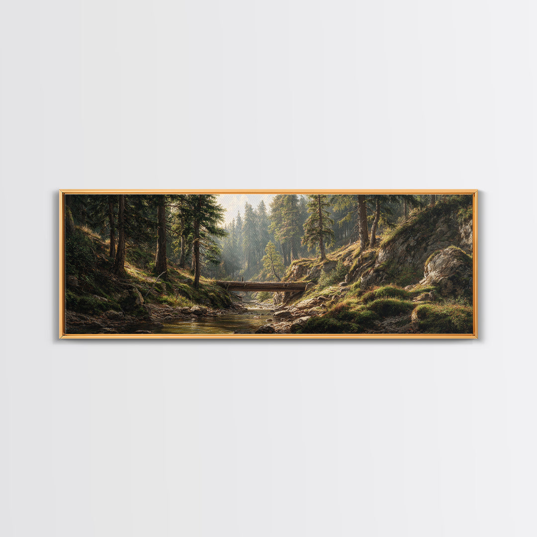 Sunlit Forest Creek Framed Canvas Print, Rustic Landscape Wall Art, Nature Cabin Decor, Large Horizontal Living Room Art