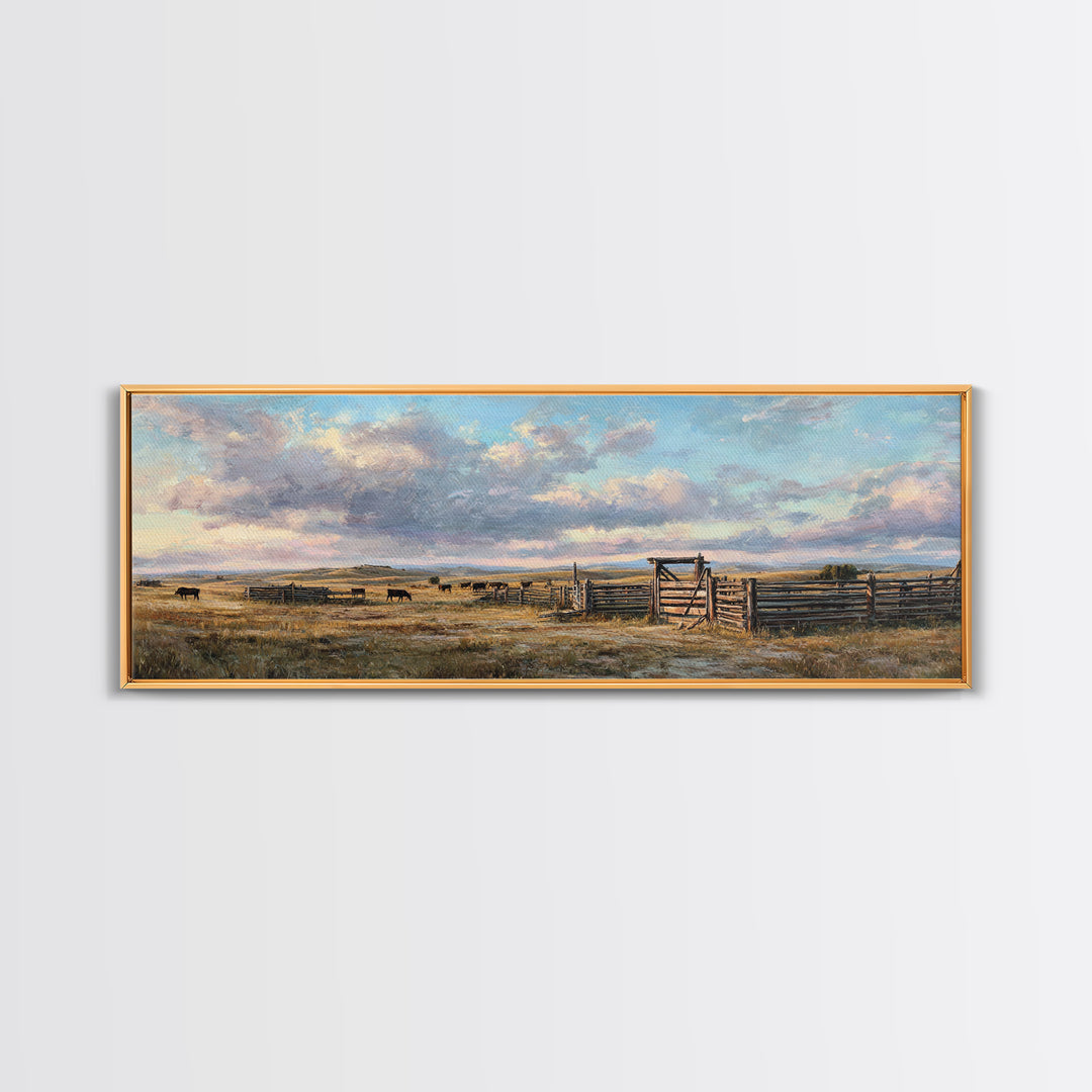 Wide Western Prairie Corral Canvas Print, Rustic Ranch Landscape Wall Art, Farmhouse Decor, Cowboy Housewarming Gift For Him