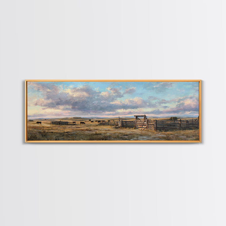Wide Western Prairie Corral Canvas Print, Rustic Ranch Landscape Wall Art, Farmhouse Decor, Cowboy Housewarming Gift For Him