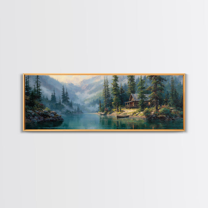Misty Mountain Lake Cabin Wall Art, Rustic Landscape Painting, Nature Wall Decor, Lake House Canvas, Cozy Home Decor Gift