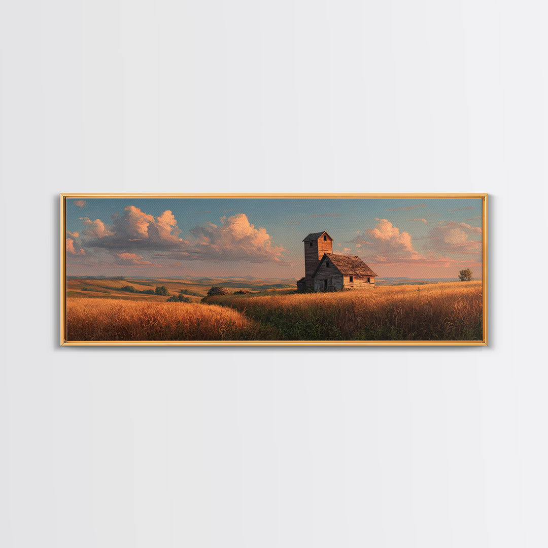 Rustic Prairie Church Framed Canvas Print, Country Landscape Wall Art, Farmhouse Home Decor, Golden Field, Housewarming Gift