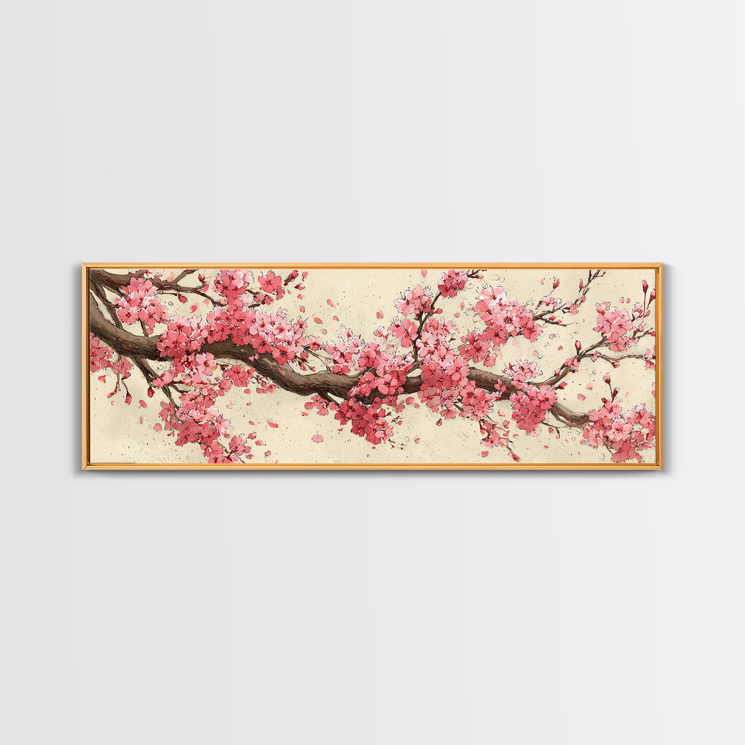 Pink Cherry Blossom Branch Wall Art, Japanese Floral Canvas Print, Botanical Wall Decor, Japandi Bedroom Art Print, Above Bed Decor