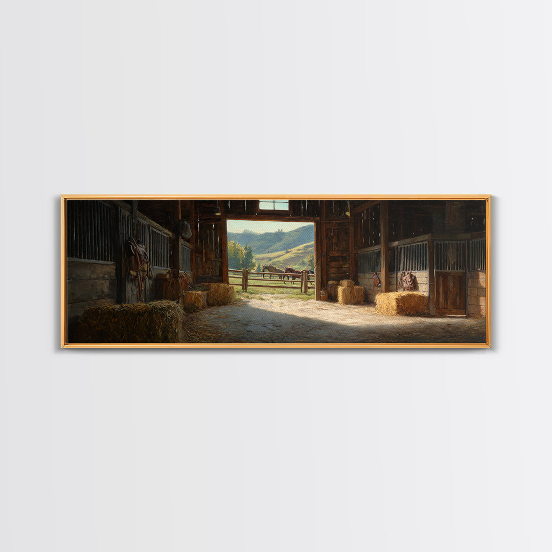 Rustic Horse Barn Interior Wall Art, Sunlit Stable Landscape Canvas Print, Equestrian Farmhouse Decor, Country Gift For Horse Lover