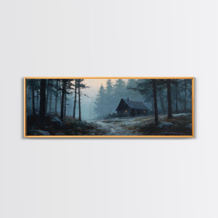 Snowy Cabin In Misty Pine Forest Wall Art, Winter Landscape Canvas Print, Rustic Cabin Decor, Cozy Nature Wall Decor, Above Bed Art