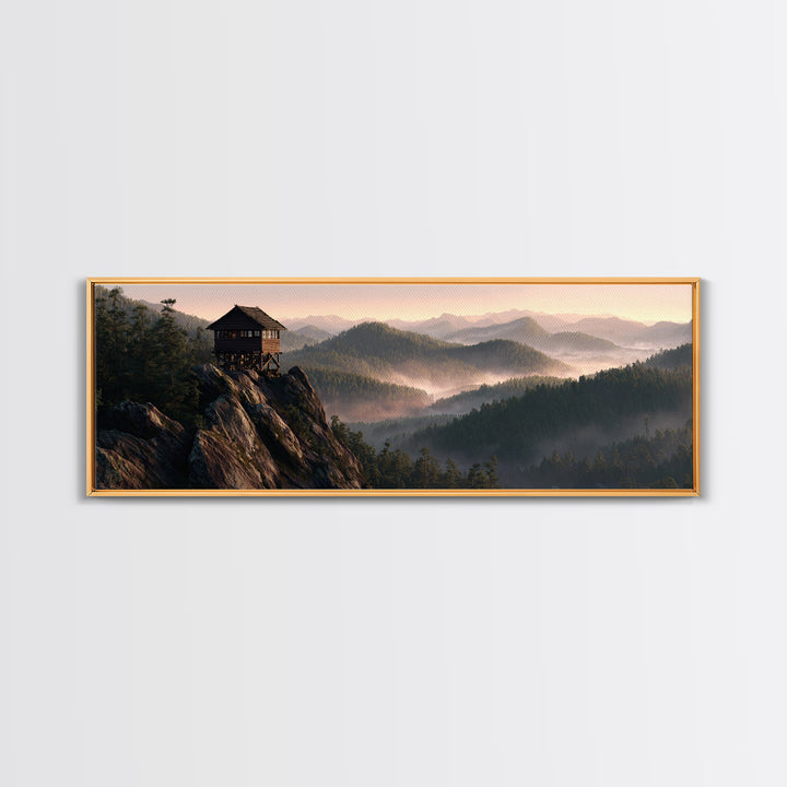 Misty Mountain Lookout Cabin Framed Canvas Print, Rustic Wall Art, Forest Landscape Decor, Cabin Housewarming Nature Gift