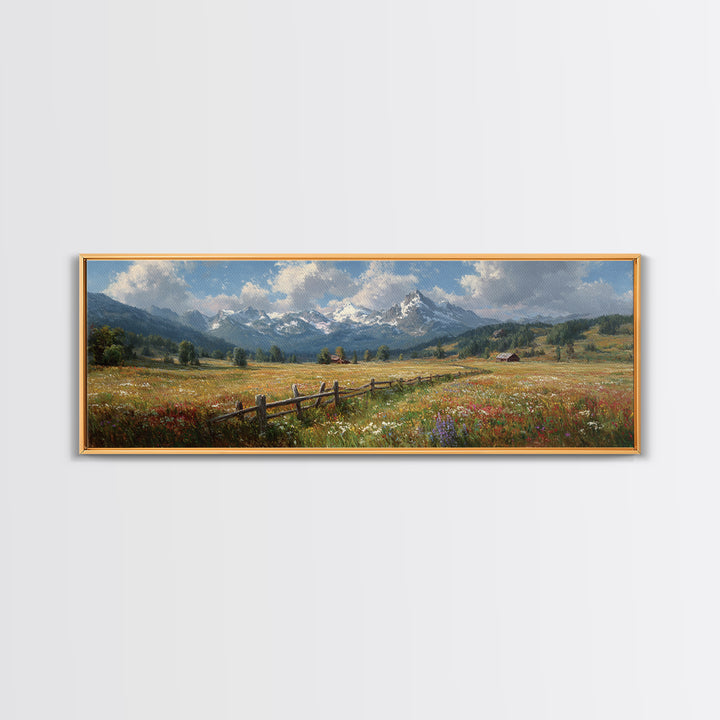 Wildflower Meadow Mountain Wall Art, Alpine Landscape Canvas Print, Rustic Farmhouse Decor, Large Living Room Art Housewarming Gift