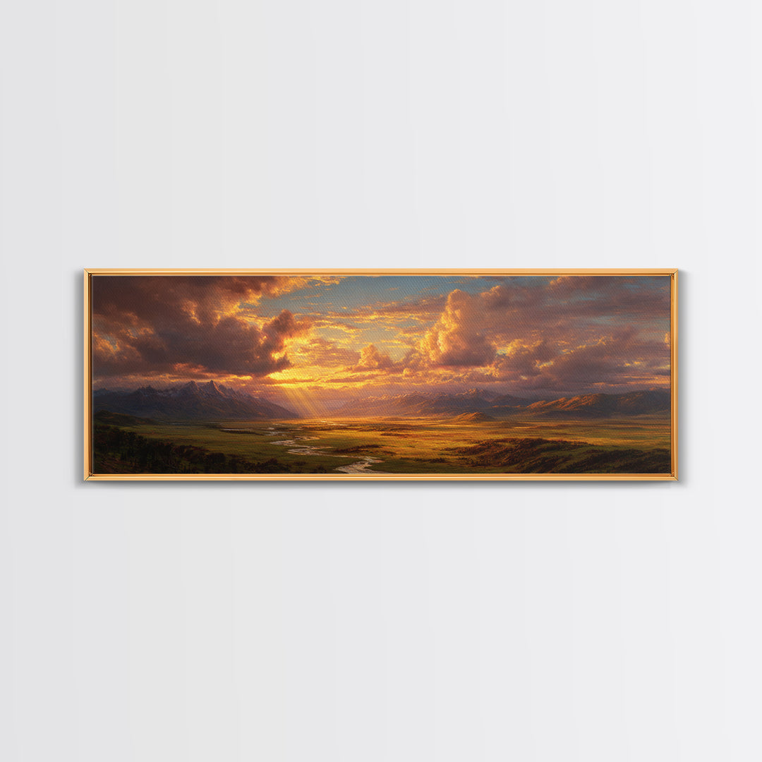 Golden Mountain Valley Sunset Wall Art, Panoramic Landscape Painting, Rustic Nature Decor For Living Room And Office Wall Decor