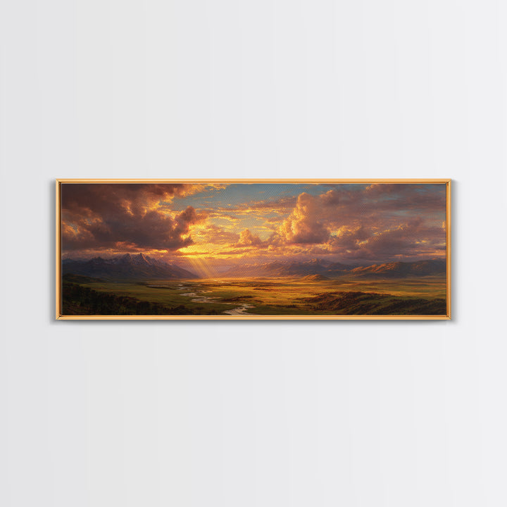 Golden Mountain Valley Sunset Wall Art, Panoramic Landscape Painting, Rustic Nature Decor For Living Room And Office Wall Decor