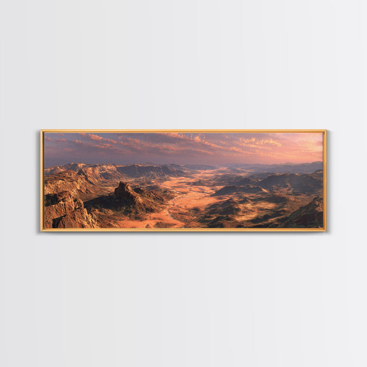 Golden Desert Valley Wall Art, Panoramic Mountain Landscape Canvas Print, Southwestern Home Decor, Large Above Sofa Art Print