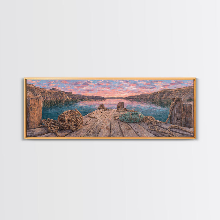 Rustic Lake Dock At Sunset Framed Canvas Print, Coastal Landscape Wall Art For Cabin Decor, Lake House, Living Room Decor