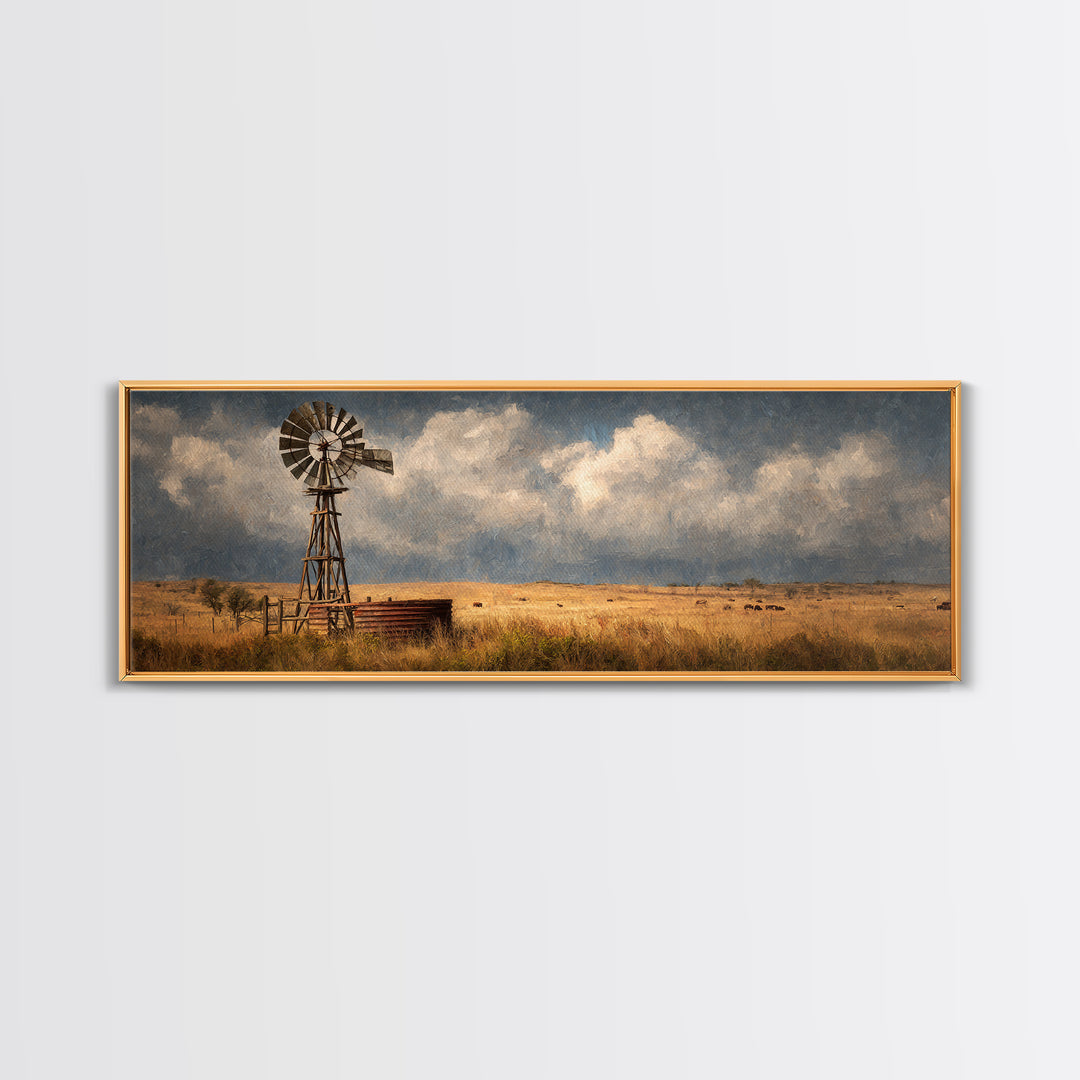 Stormy Prairie Windmill Wall Art, Rustic Western Canvas Print, Farmhouse Landscape Decor, Large Country Art For Living Room