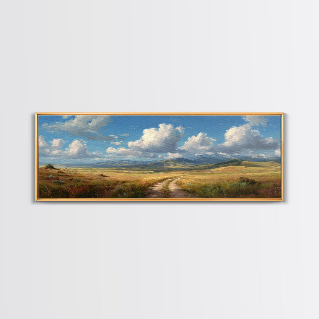 Open Prairie Path And Clouds Framed Canvas Print, Country Landscape Wall Art, Rustic Farmhouse Decor, Nature Oil Painting Print