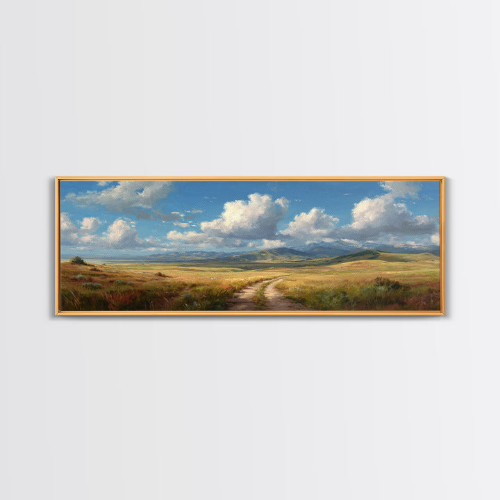 Open Prairie Path And Clouds Framed Canvas Print, Country Landscape Wall Art, Rustic Farmhouse Decor, Nature Oil Painting Print