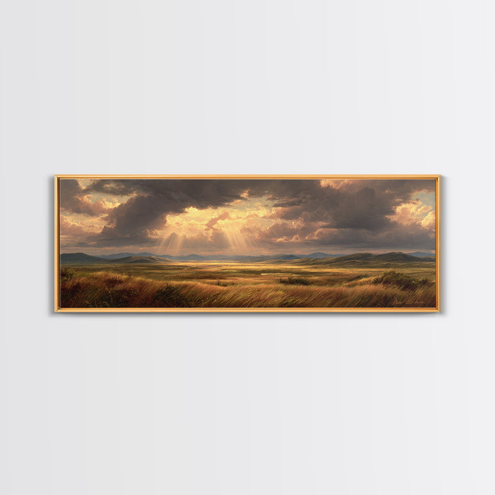 Golden Sun Rays Over Prairie Wall Art, Dramatic Sky Landscape Canvas Print, Nature Wall Decor, Rustic Living Room Art Gift