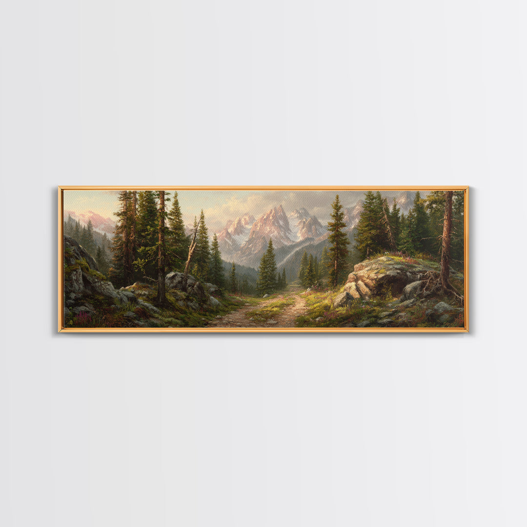 Alpine Forest Trail Mountain Landscape Wall Art, Panoramic Canvas Print For Cabin Living Room Decor And Nature Lovers Gift