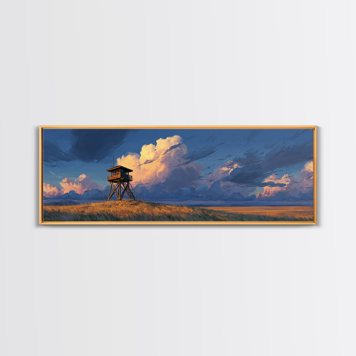 Prairie Watchtower Under Golden Clouds Wall Art, Western Landscape Canvas Print, Rustic Nature Decor, Large Horizontal Art
