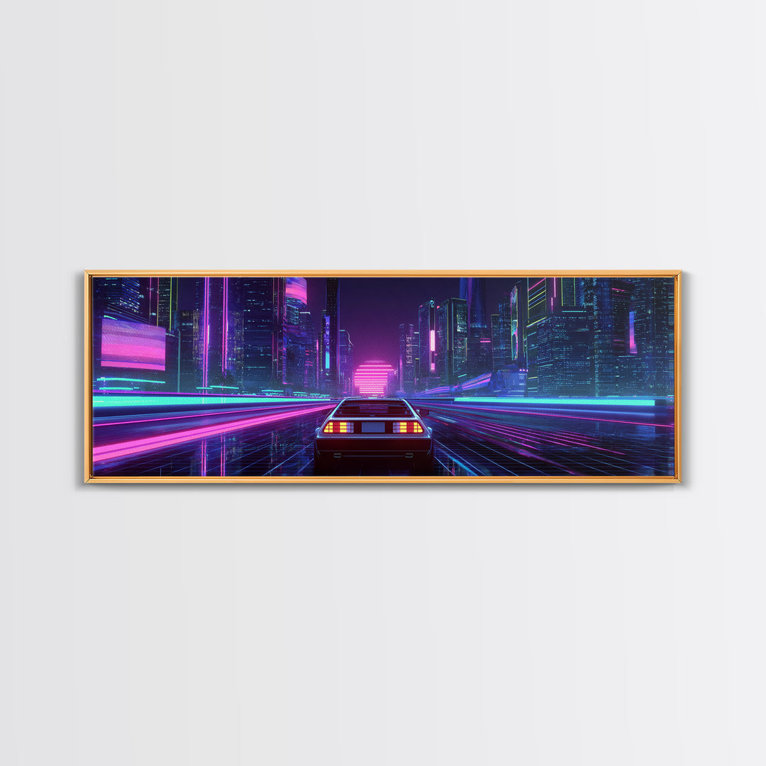 Neon Car Racing Through Cyberpunk City Canvas Print, Futuristic Wall Art, Synthwave Decor, Sci Fi Gaming Room Poster Art