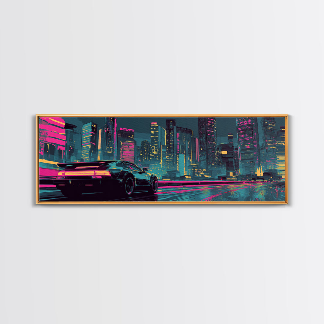 Cyberpunk Sports Car Canvas Print, Neon City Wall Art, Futuristic Gaming Room Decor, Large Synthwave Modern Wall Art Print