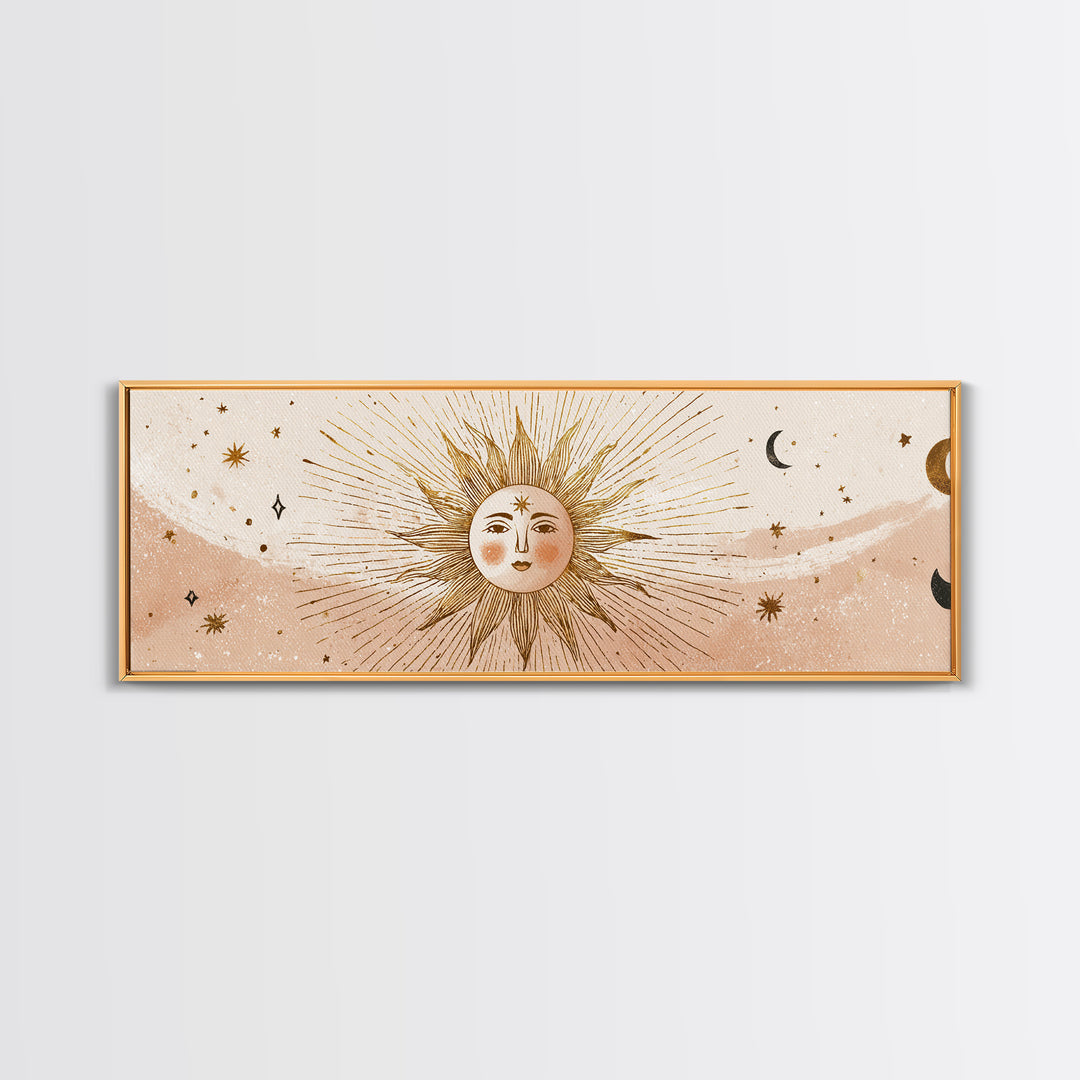 Boho Sun And Moon Wall Art, Celestial Canvas Print, Mystical Astrology Decor, Neutral Nursery And Bedroom Wall Decor, Above Bed Art