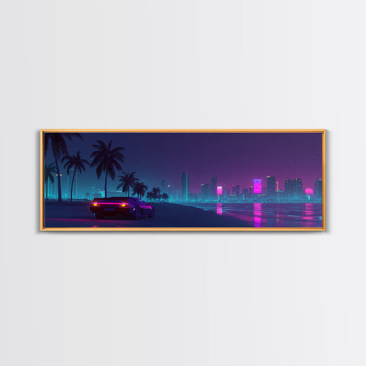 Neon Cyberpunk City Beach Wall Art, Retro Futuristic Canvas Print, Vaporwave Decor For Gaming Room And Modern Office Decor