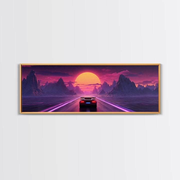 Retro Futuristic Car Road Canvas Print, Cyberpunk Mountain Wall Art, Neon Synthwave Gaming Room Decor, Sci Fi Poster, Gift For Him