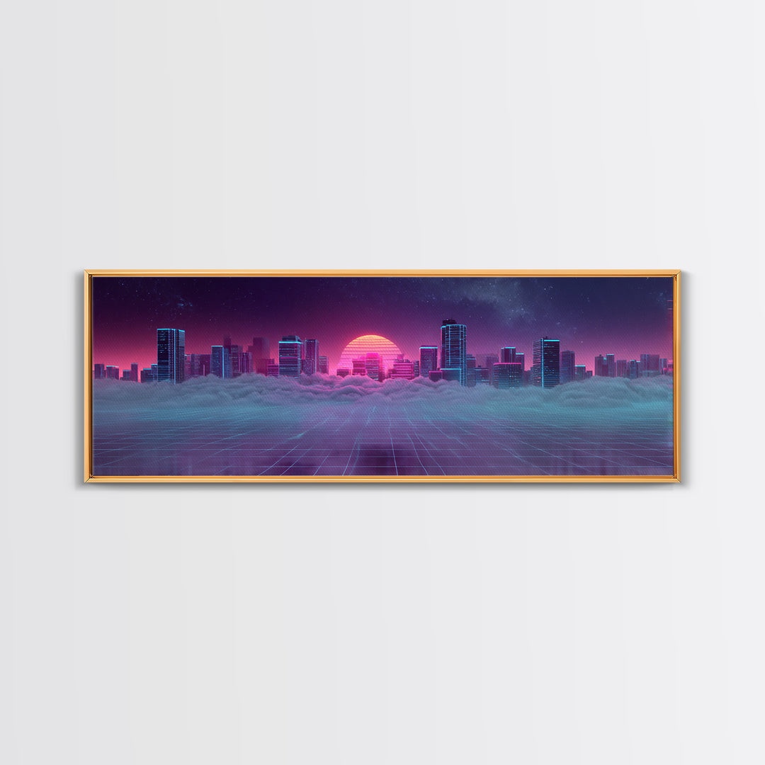 Vaporwave Skyline Over Clouds Canvas Print, Retro Futuristic City Wall Art, Neon Synthwave Decor, Gaming Room Poster, Gift