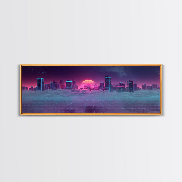 Vaporwave Skyline Over Clouds Canvas Print, Retro Futuristic City Wall Art, Neon Synthwave Decor, Gaming Room Poster, Gift
