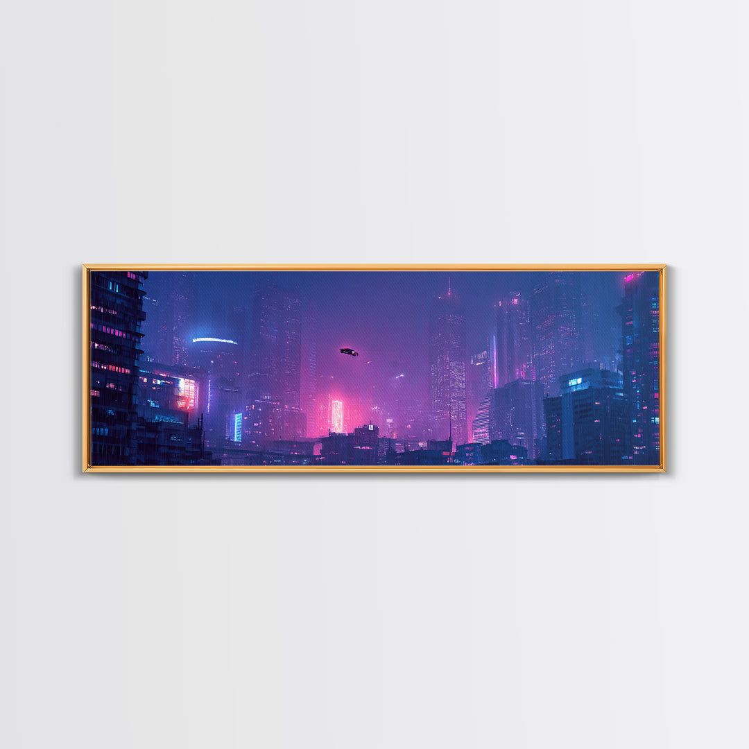 Cyberpunk Neon City Skyline Wall Art, Futuristic Framed Canvas Print, Sci Fi Urban Decor, Gaming Room Wall Decor, Large Print