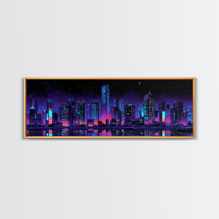 Neon Cyberpunk City Skyline Wall Art, Futuristic Urban Canvas Print, Vaporwave Gaming Room Decor, Sci Fi Office Poster Art